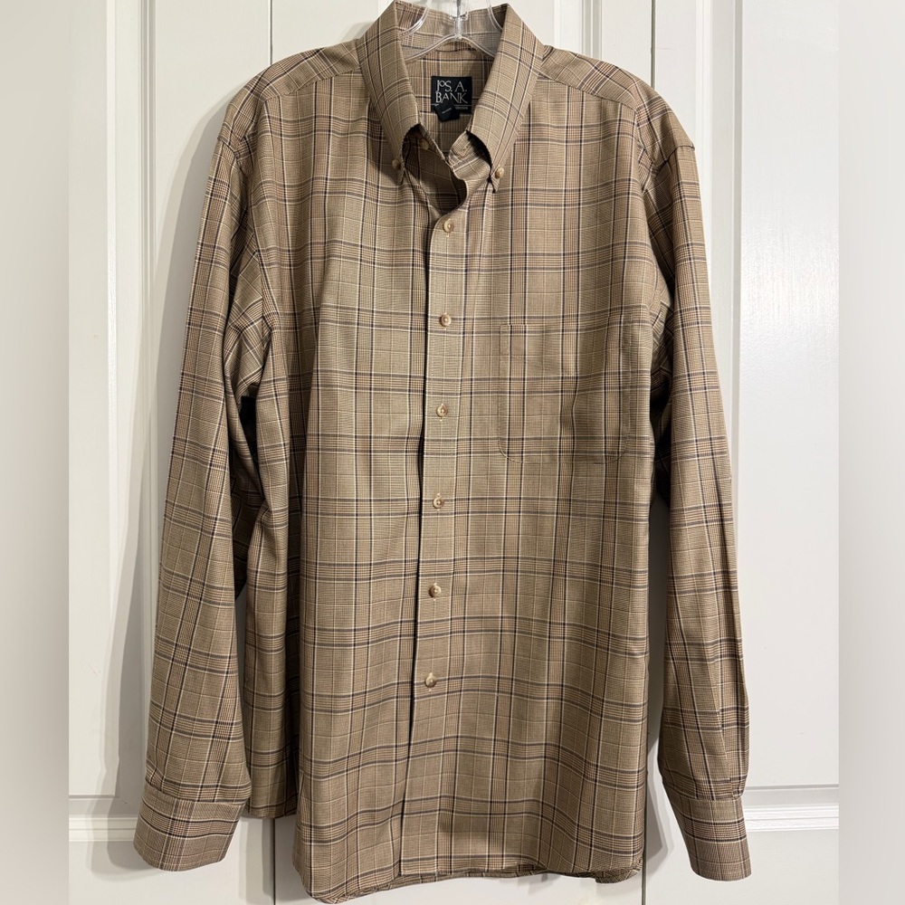 Jos. A. Bank Men's Traveler's Collection Tan Plaid Button-Down Shirt Size L